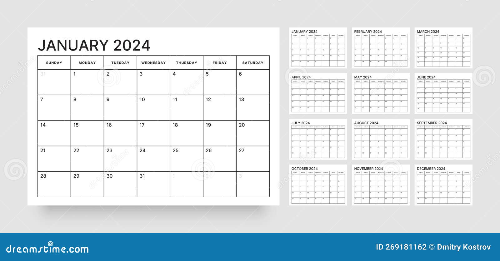 Calendrier Mensuel Pour L'année 2024. Commence Le Dimanche