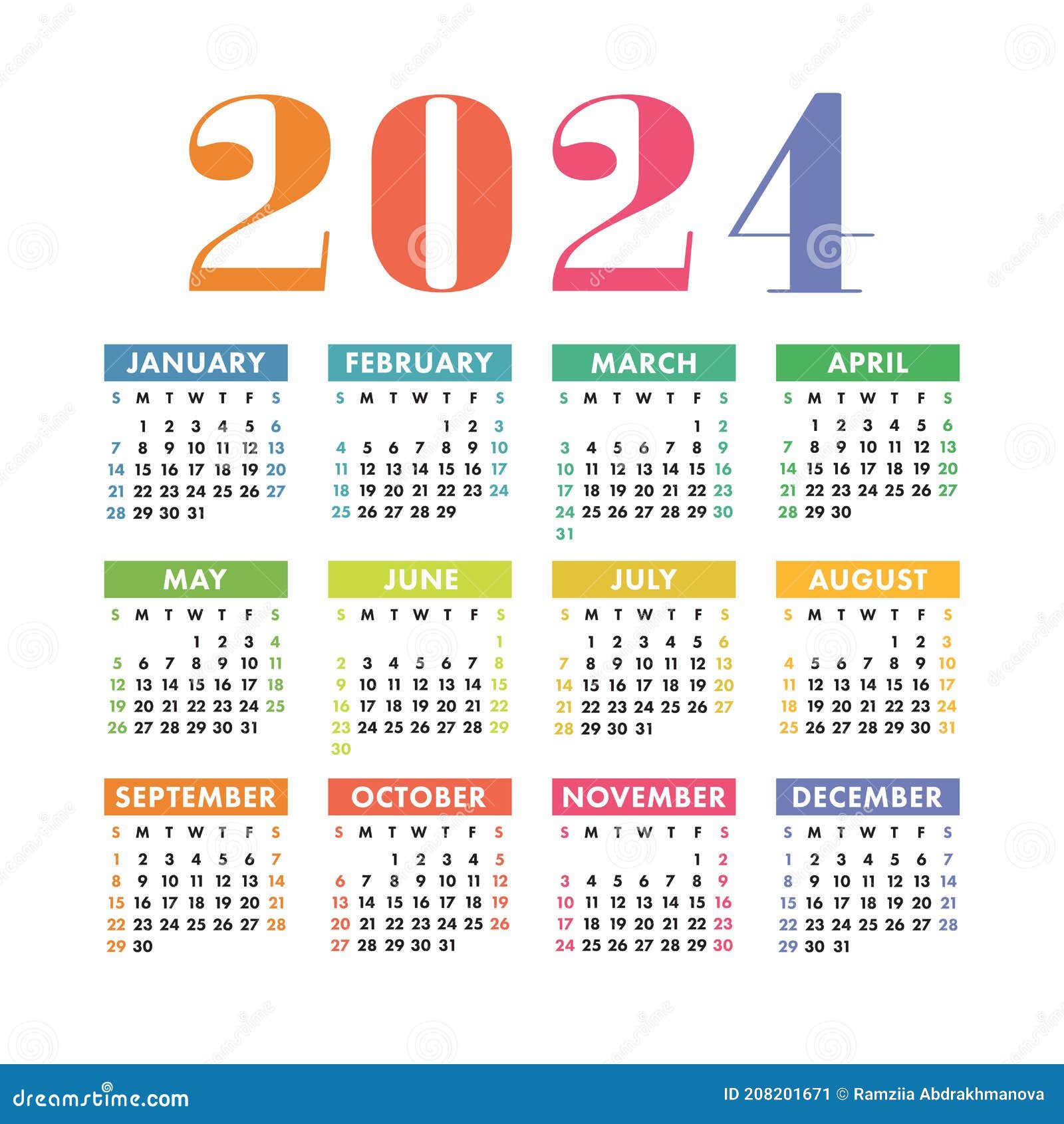 Calendrier 2024. Modèle Carré De Calendrier De Mur Ou De La Poche De  Vecteur Coloré Anglais. Conception. Nouvel an. Début De Semai Illustration  de Vecteur - Illustration du bureau, juillet: 208201671