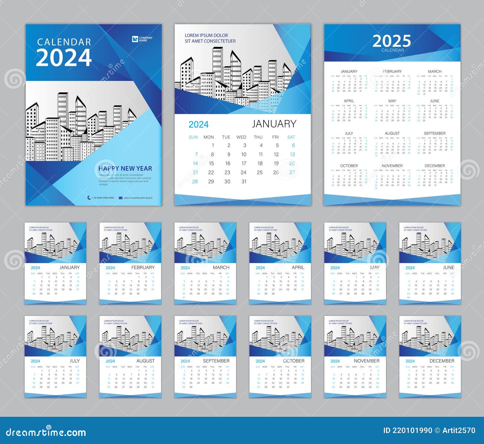 calendrier 2024 modèle ensemble vecteur, la semaine commence dimanche,  ensemble de 12 mois, calendrier de bureau