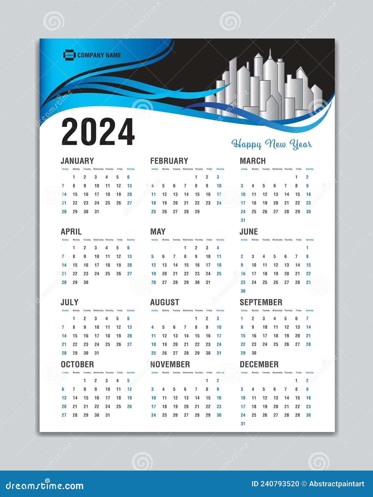 Vecteur de modèle de calendrier mural 2024 - TemplateMonster