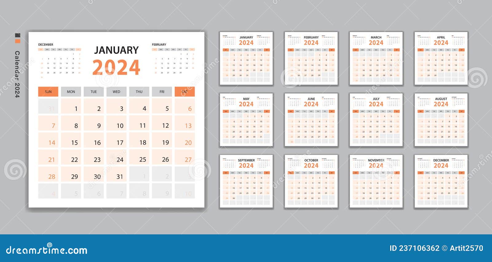 modèle de calendrier mensuel pour 2024 ans, planificateur 2024 ans, la  semaine commence le dimanche. calendrier
