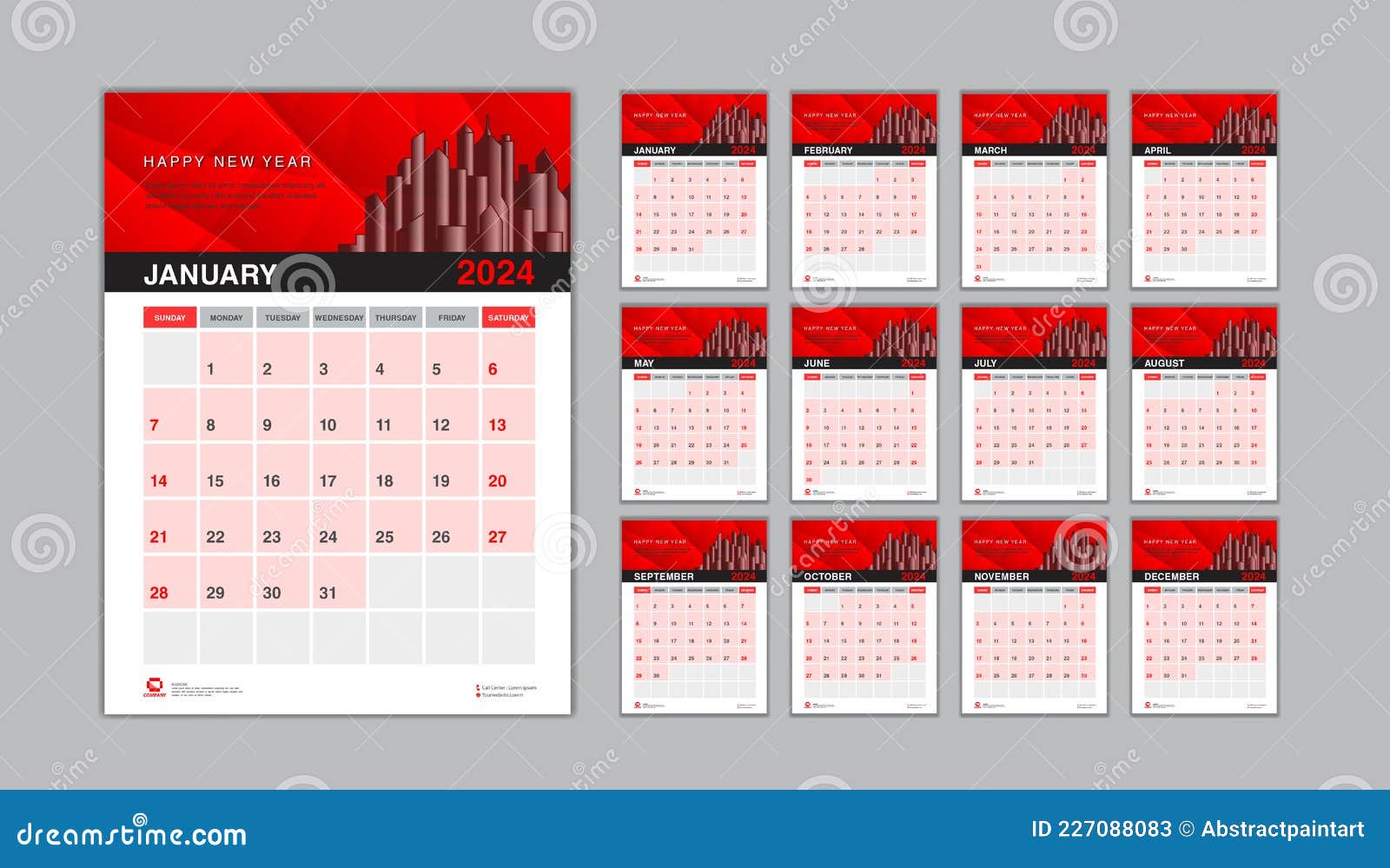 Calendrier Mural 2024 En Rouge Graphique Modèle Calendrier Mensuel Pour 2024  Année Semaine Commence Dimanche Bureau Calendrier 202 Illustration de  Vecteur - Illustration du cache, janvier: 265488735