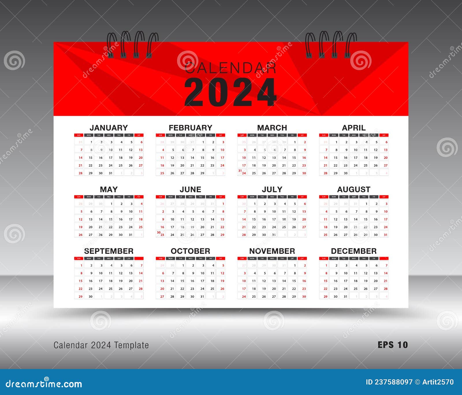 Calendrier 2024 - Calendrier Bureau 12 Mois De Janvier 2024 À