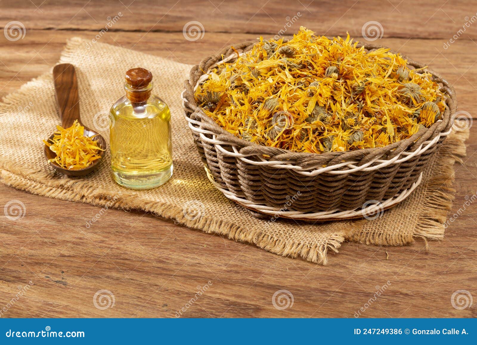 calendula officinalis - calendula oil in a glass bottle