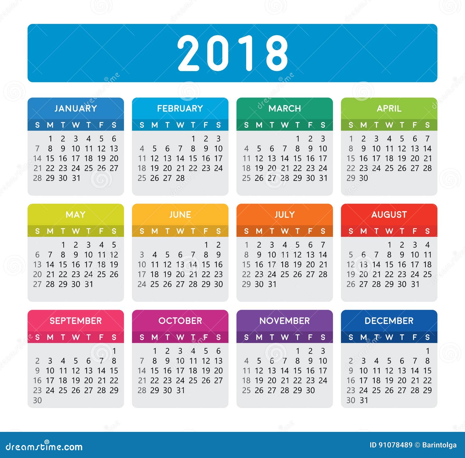 Calendário 2018 colorido ilustração do vetor. Ilustração de calendário