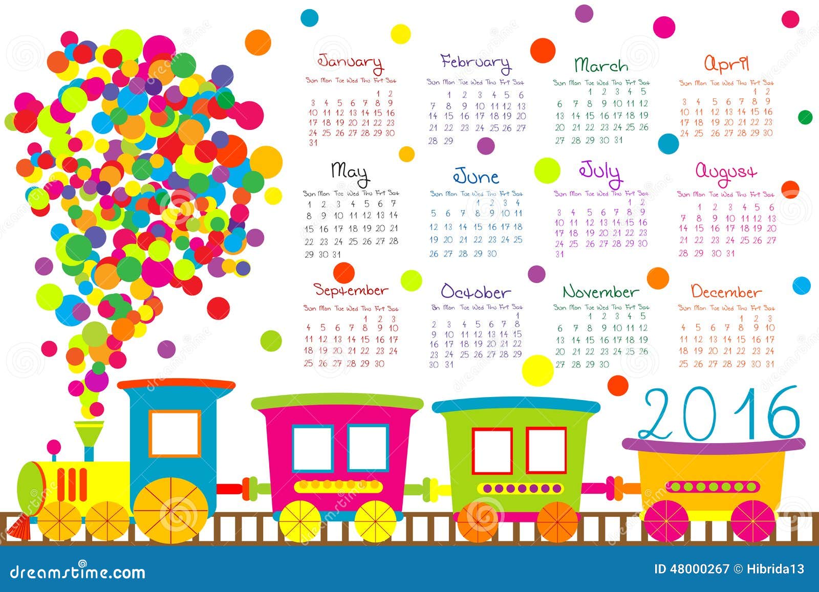 Calendário 2016 com o trem dos desenhos animados para crianças no fundo branco