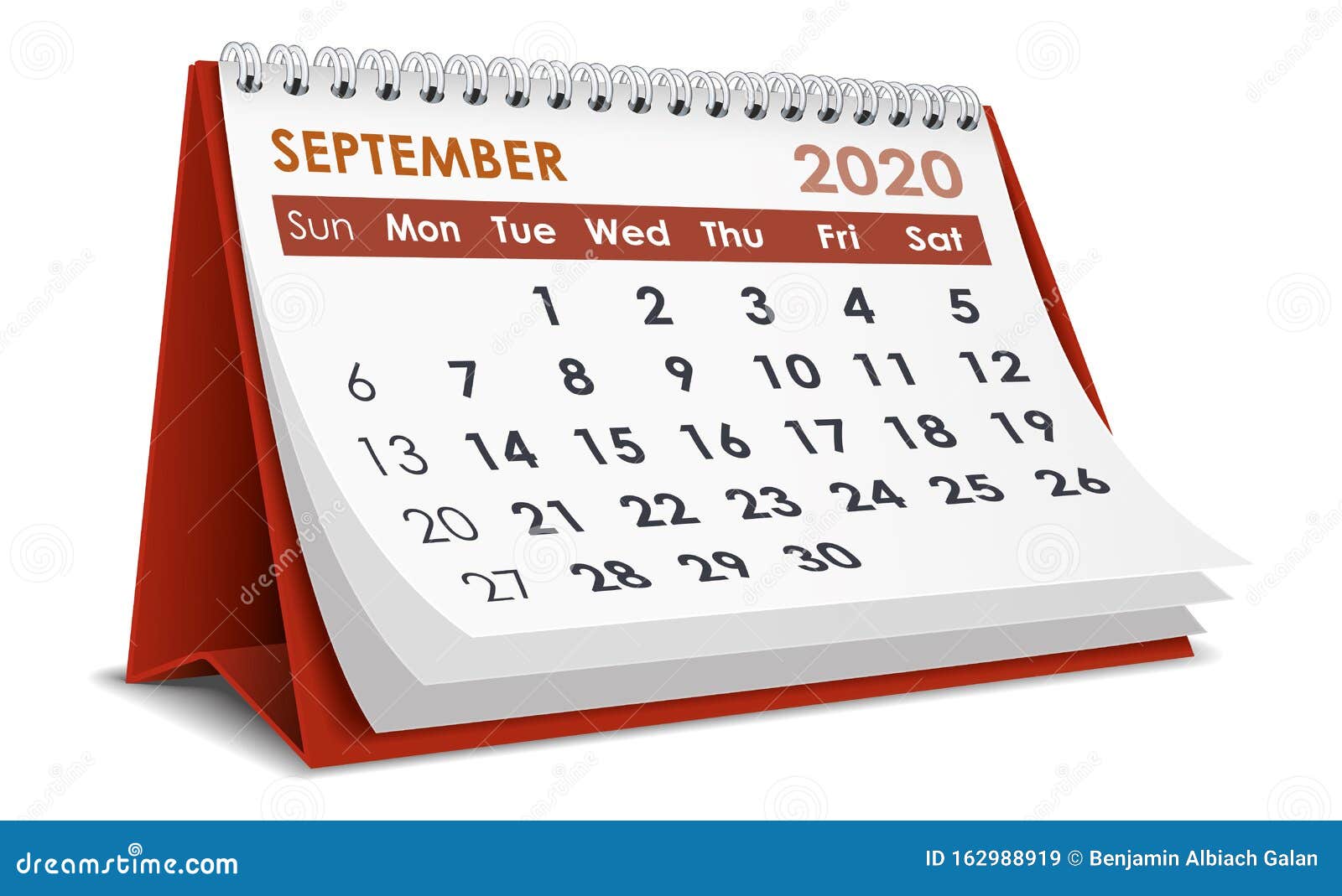 Calendário de setembro de 2020. Calendário 3D de setembro de 2020 isolado em fundo branco n Ilustração vetorial