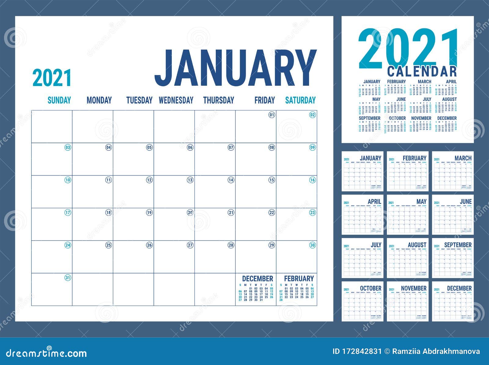 Calendário 2021 Modelo De Calender Inglês Grade Quadrado Vetorial