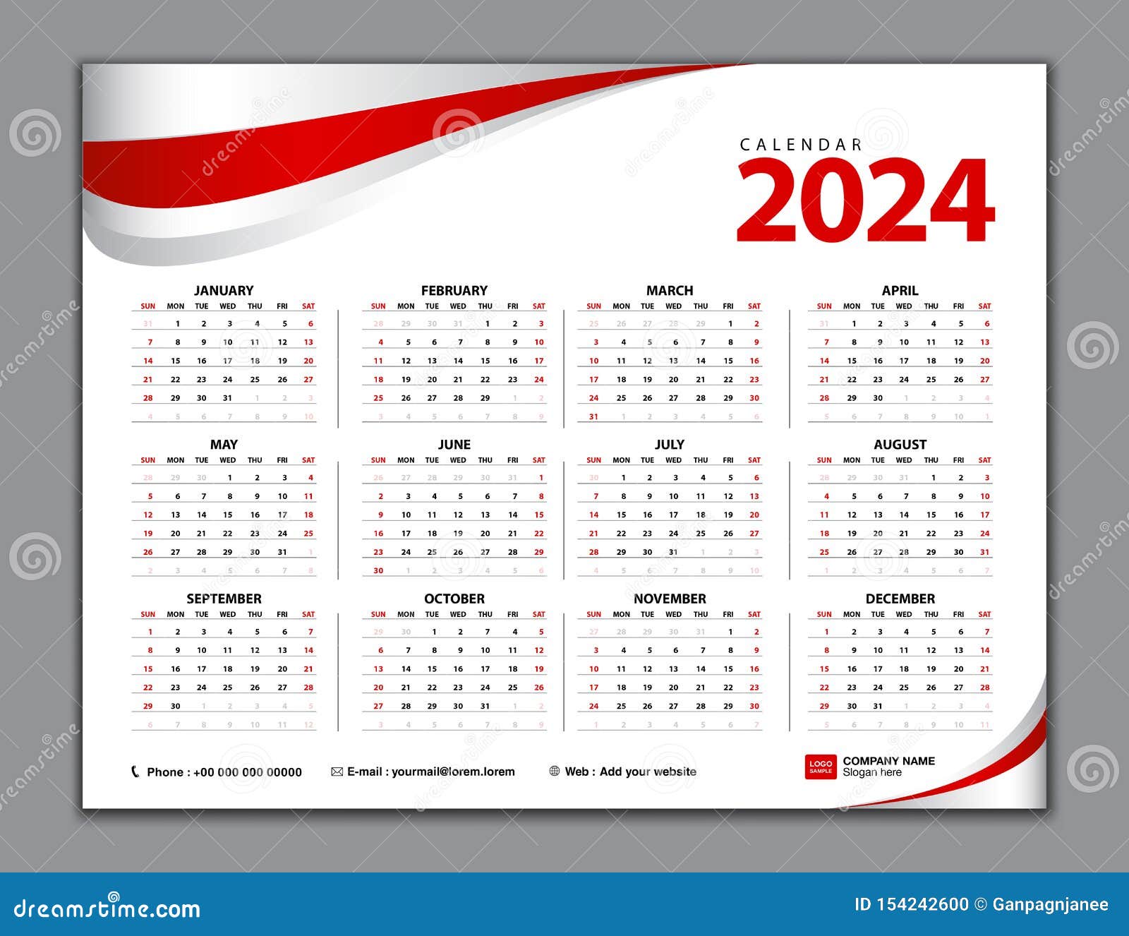 Calendário 2024, Calendário Simples, Mesa, Começos Da Semana De Domingo