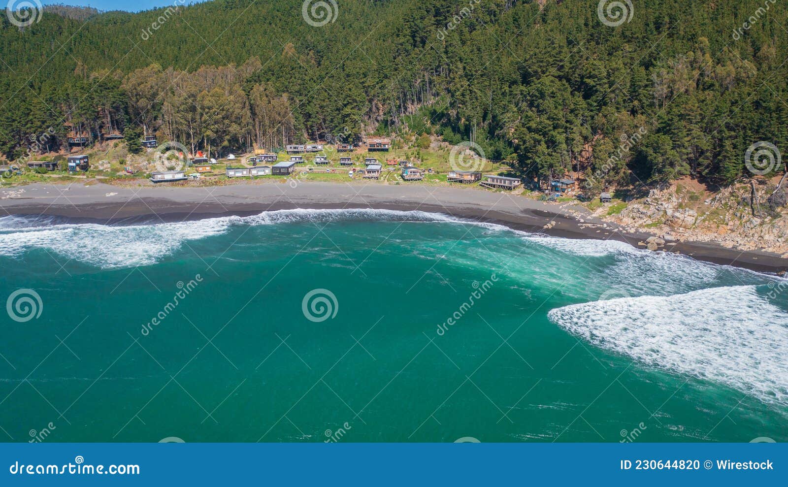 caleta pellines, constitucion, maule, chile, horizontal drone aerial photo, house surf spot