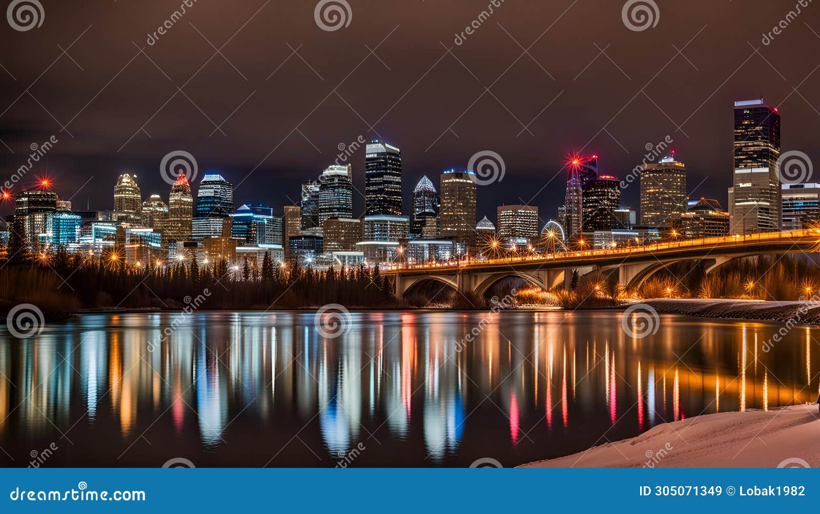 calgary skyline at night with bow river and centre street bridge