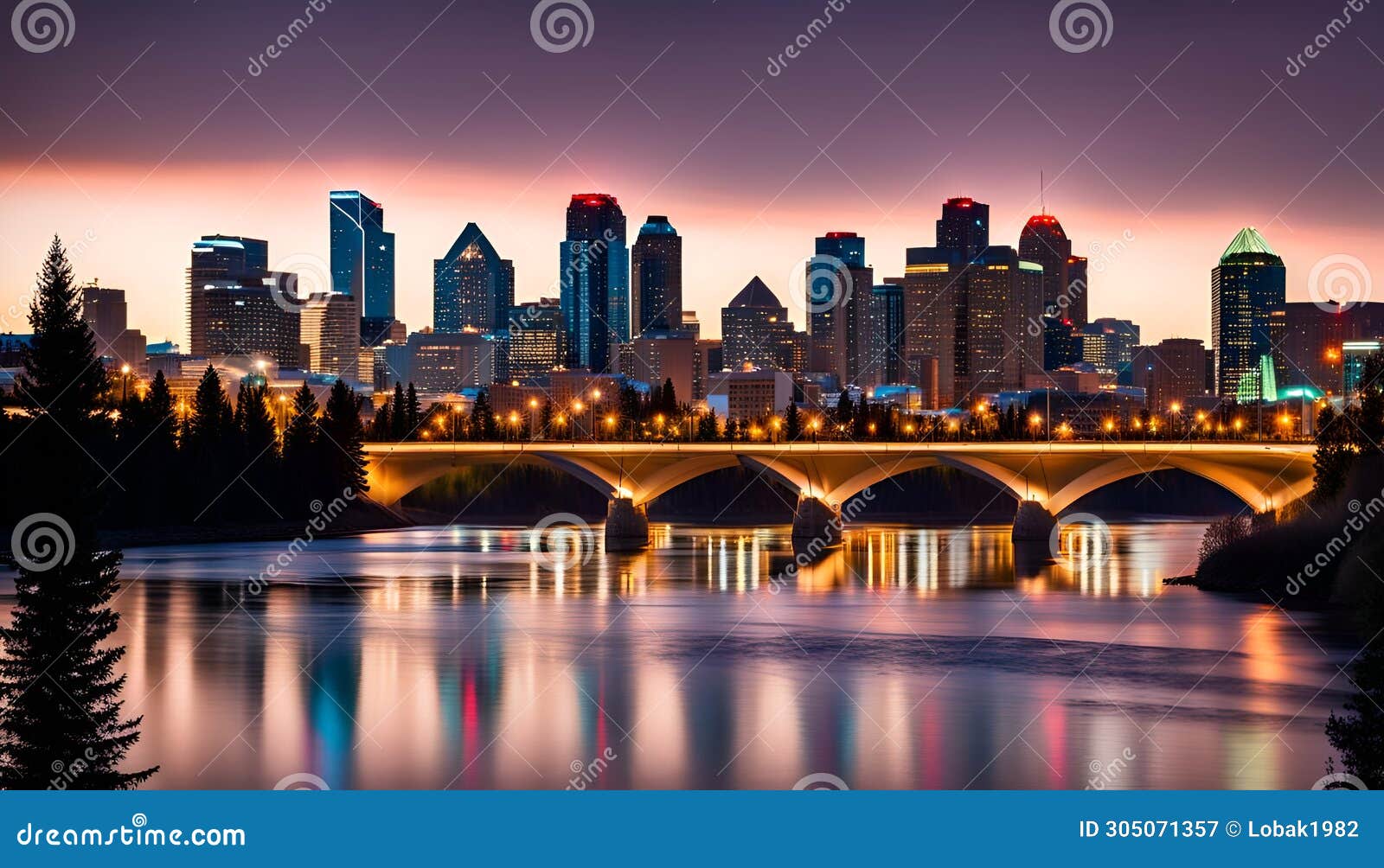 calgary skyline at night with bow river and centre street bridge