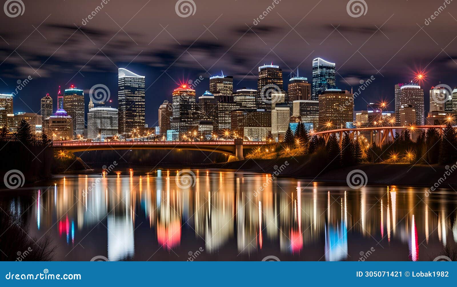 calgary skyline at night with bow river and centre street bridge