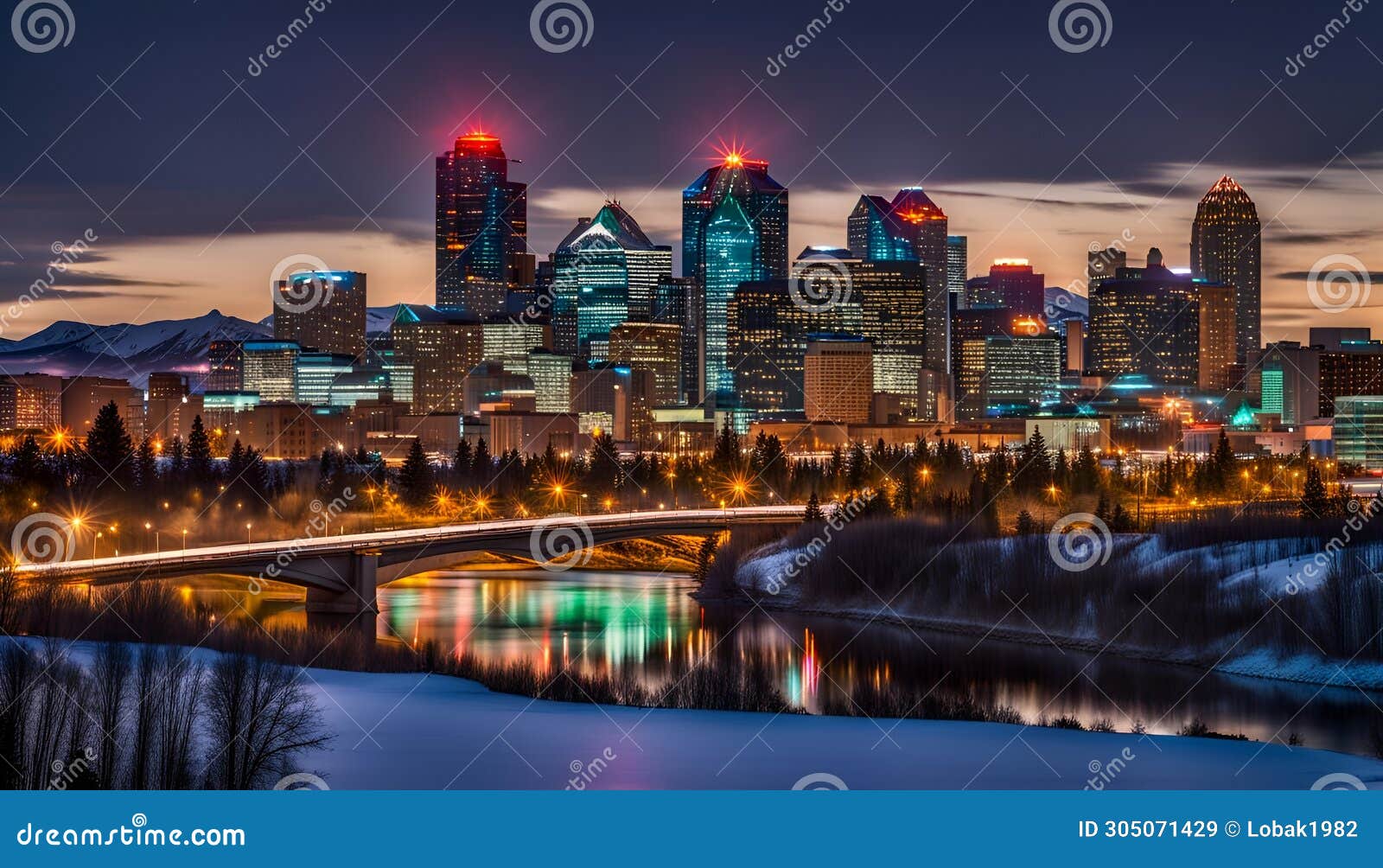 calgary skyline at night with bow river and centre street bridge