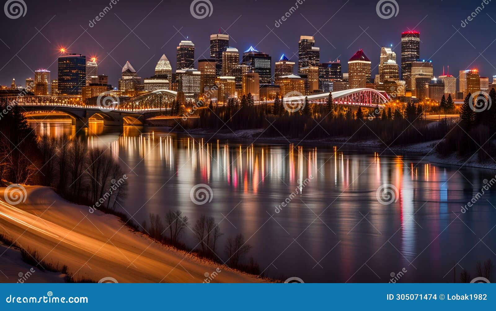 calgary skyline at night with bow river and centre street bridge