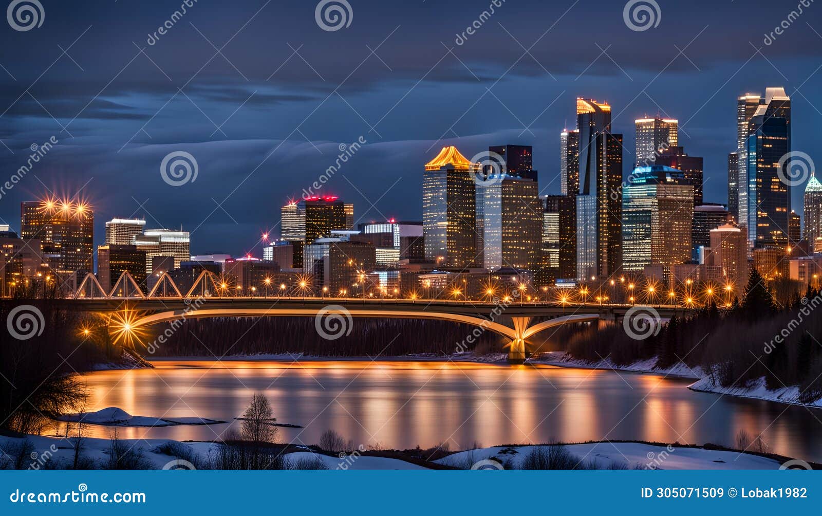 calgary skyline at night with bow river and centre street bridge