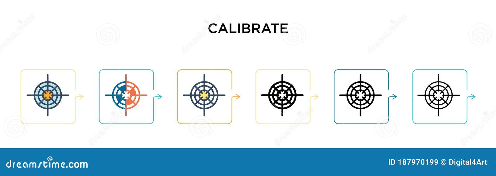 calibrate  icon in 6 different modern styles. black, two colored calibrate icons ed in filled, outline, line and
