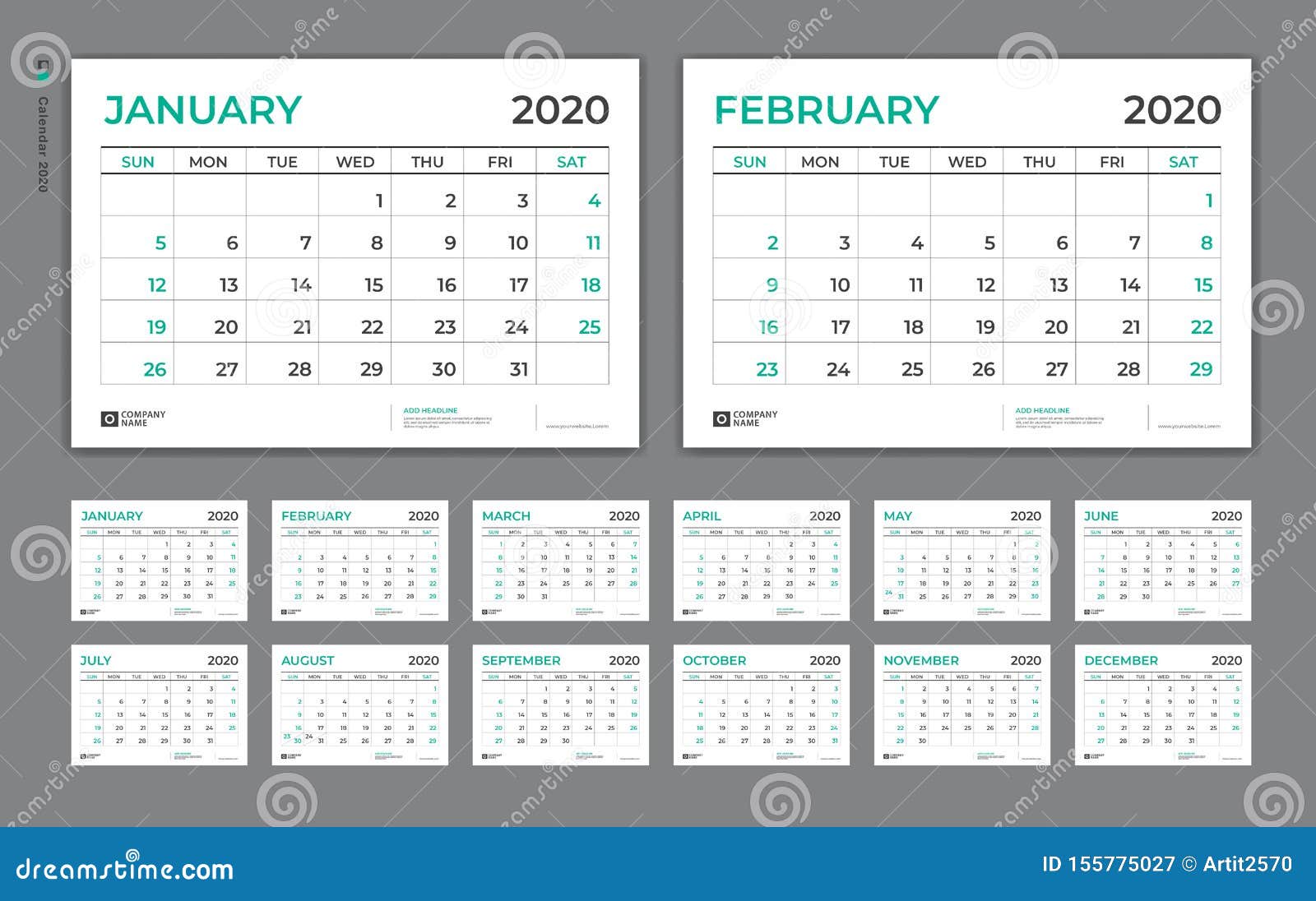 Calibre 2020 Debuts De Calendrier De Bureau De Semaine Dimanche Ensemble De 12 Mois Calibre De Planificateur Page Verticale Illustration De Vecteur Illustration Du Mois Ensemble 155775027