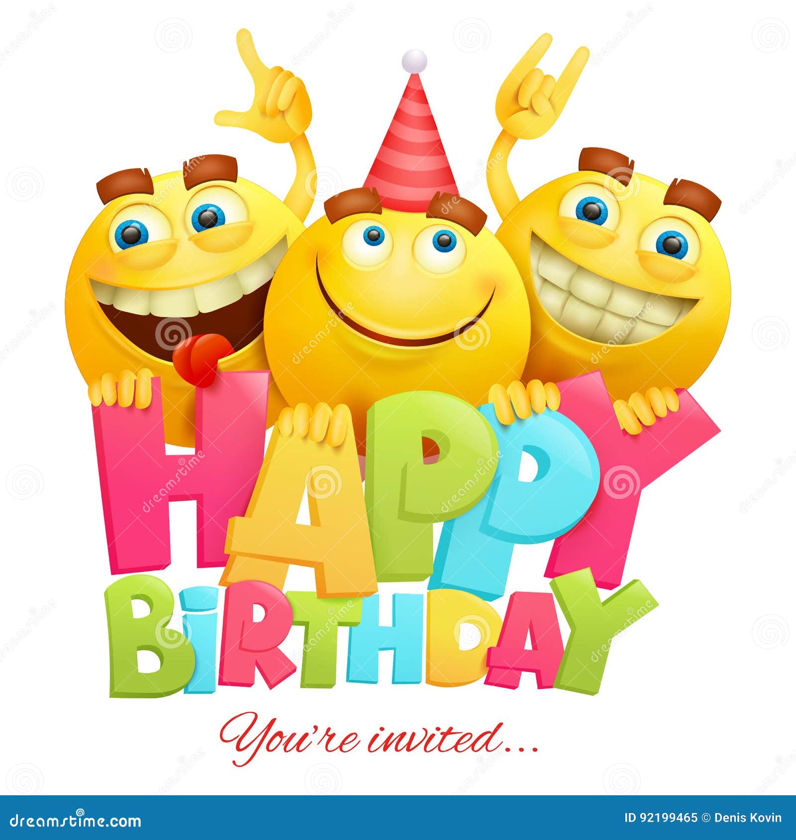 Joyeux Anniversaire Emoji Anniversaire Gratuit Calibre De Carte D'invitation De Joyeux Anniversaire Avec Trois Caractères D'emoji Illustration Stock - Illustration du réaliste, émoticône: 92199465