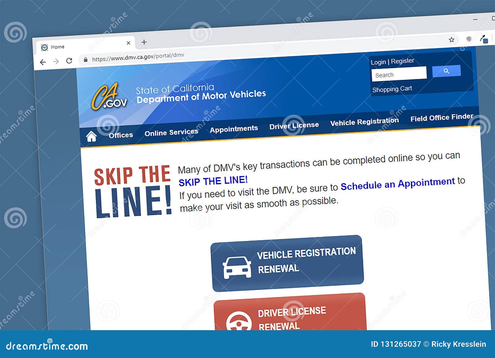 California Department of Motor Vehicles DMV Website Homepage. Editorial