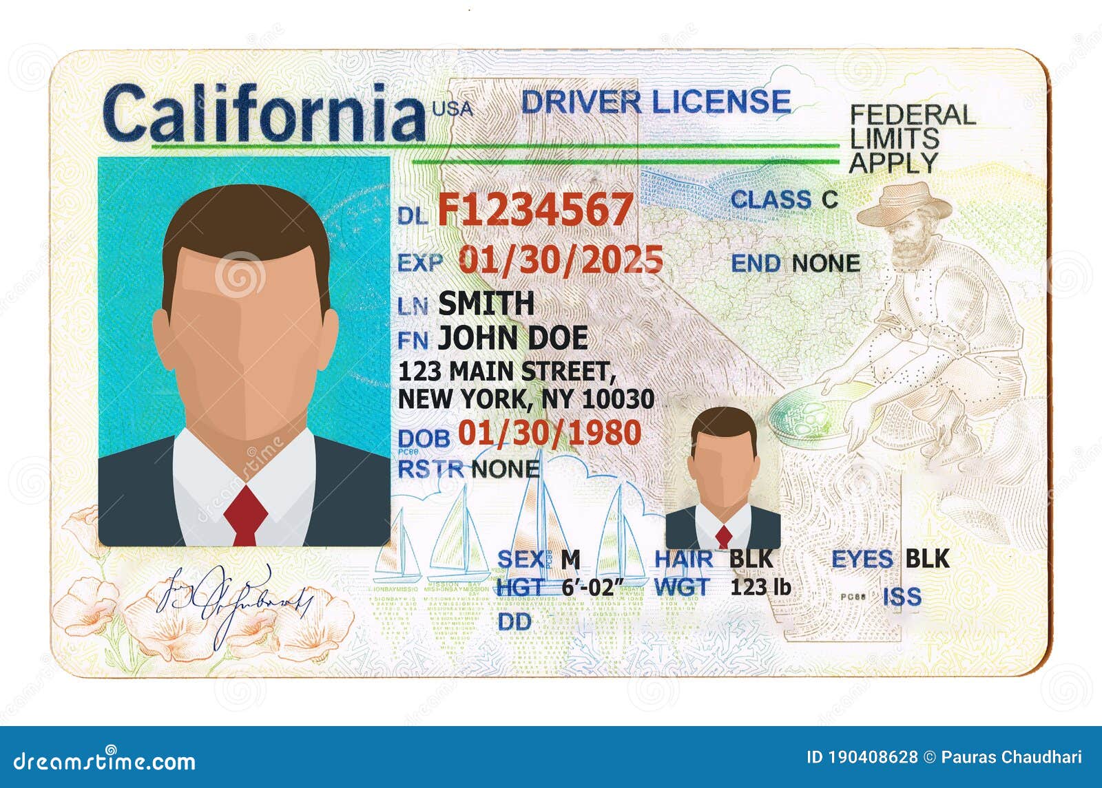 california driver license filled with generic info