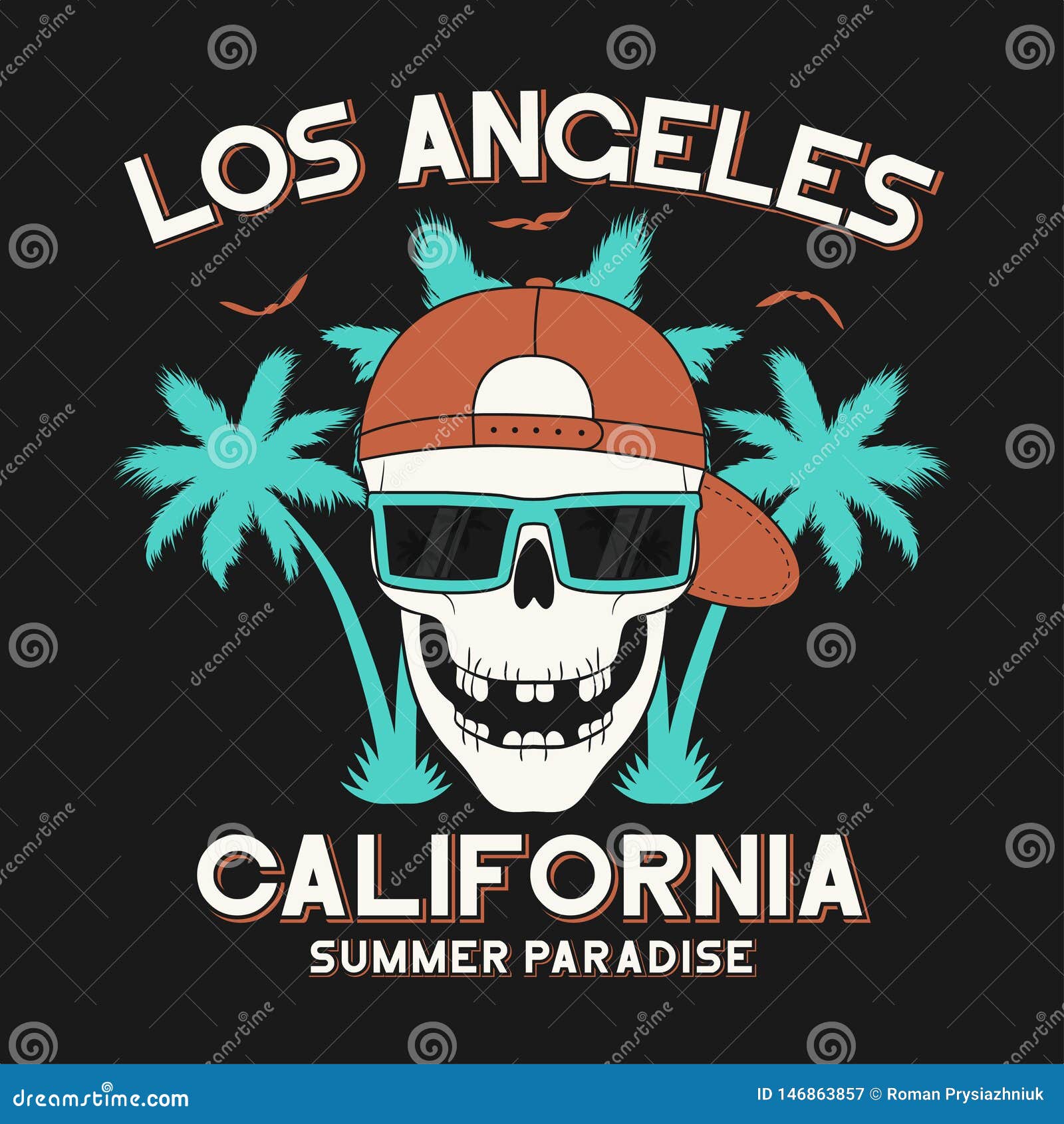 California, Los Angeles T-shirt Slogan Typography with Palm Trees and Skull  with Sunglasses. Tee Shirt Design, Summer Apparel Stock Vector -  Illustration of california, beach: 146863857