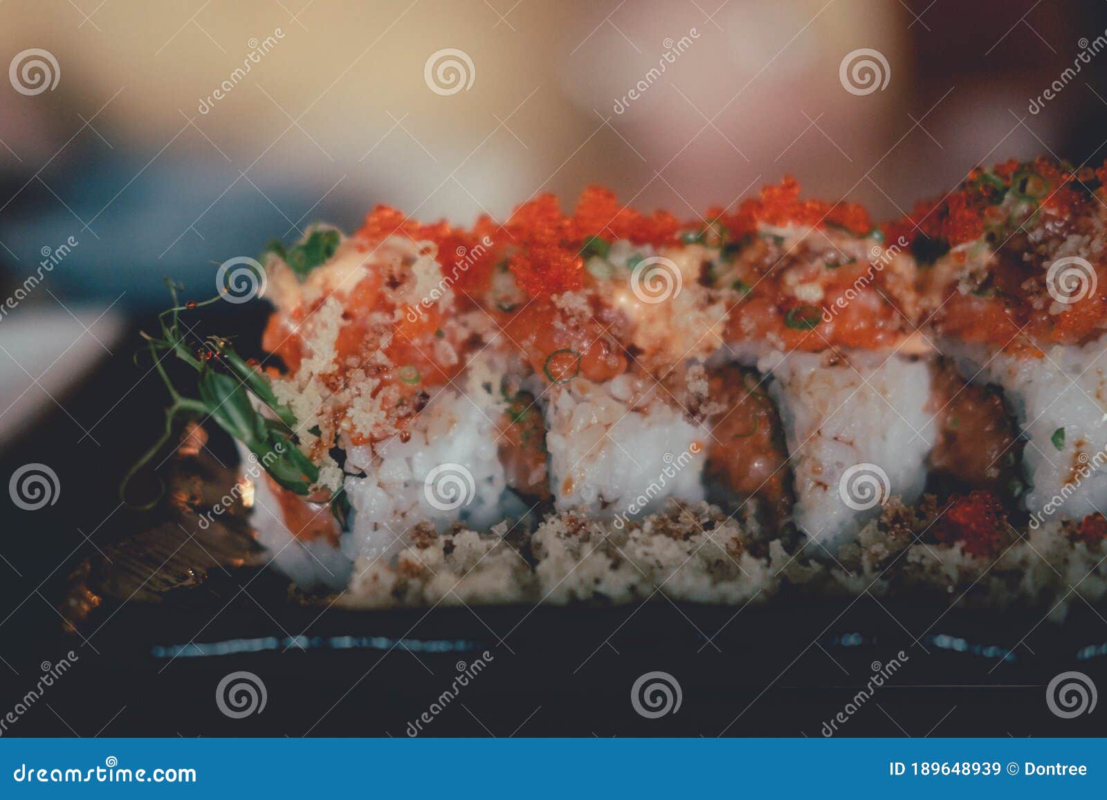 California Roll Topped with Fresh Salmon and Salmon Roe. Selective Focus Stock Image Image of
