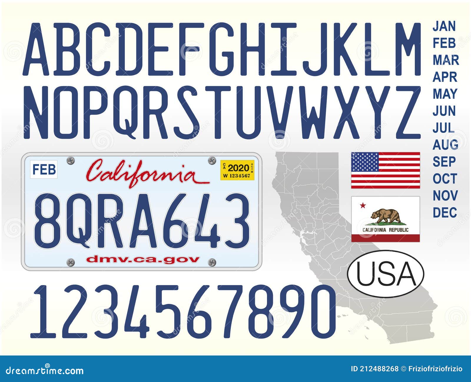 California State Car License Plate, Letters, Numbers and Symbols