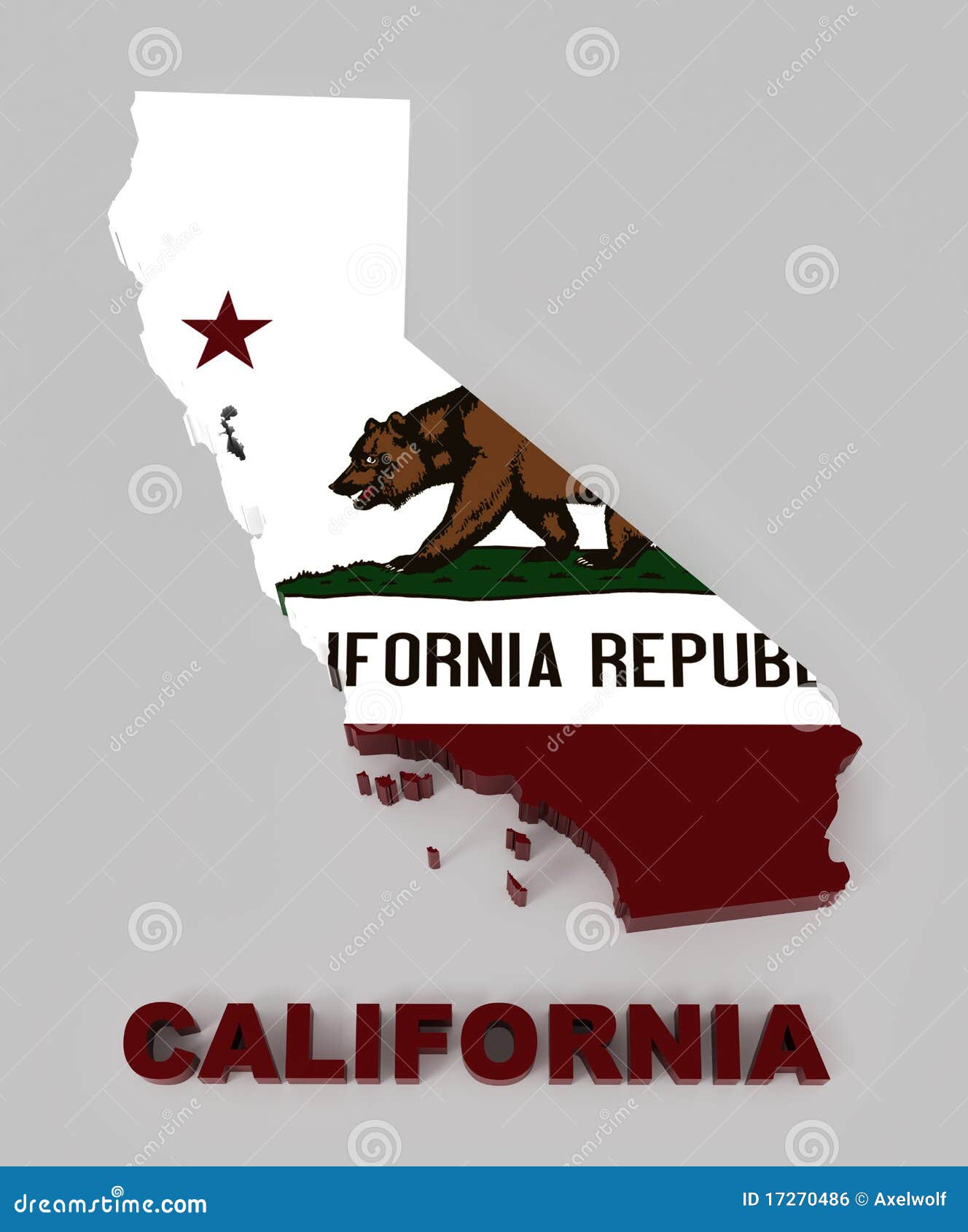 Californië, kaart met vlag, met het knippen van weg. Californië, kaart met vlag, isoleerde op grijs met het knippen van weg, 3d illustratie