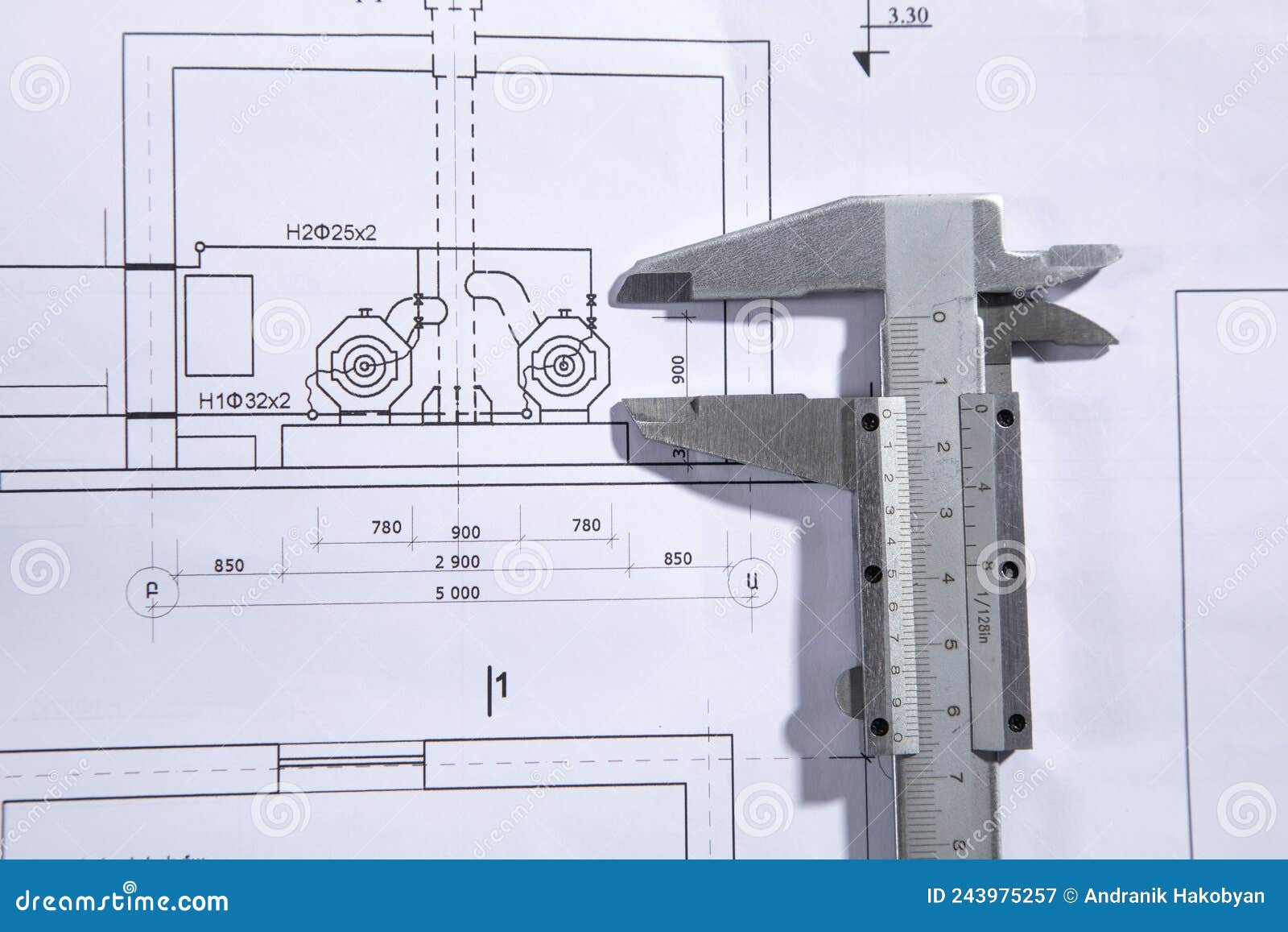 Caliper on Engineering Drawing Blueprint Stock Image Image of idea