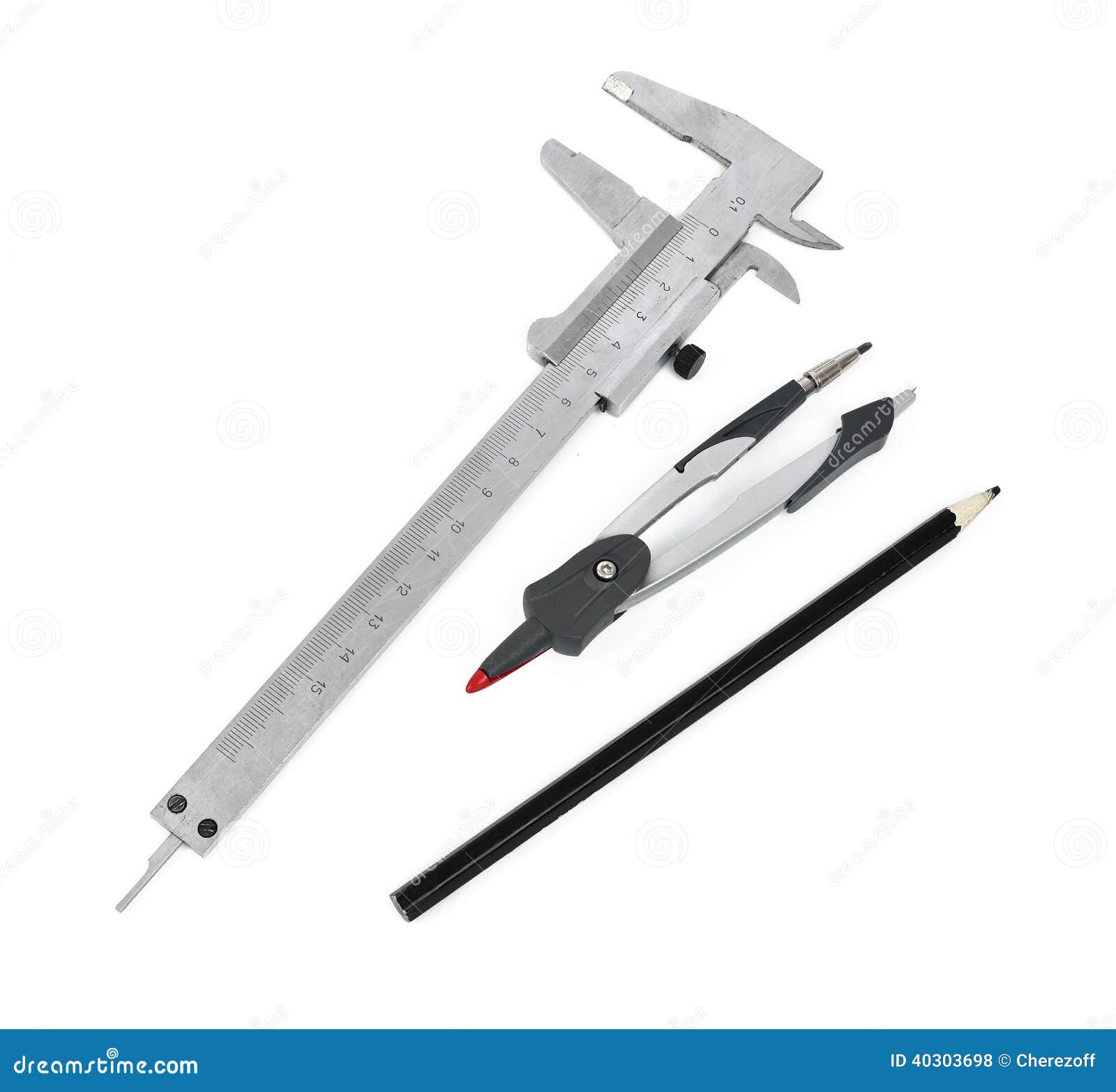 Caliper, Pencil And Drawing Compasses Stock Photo