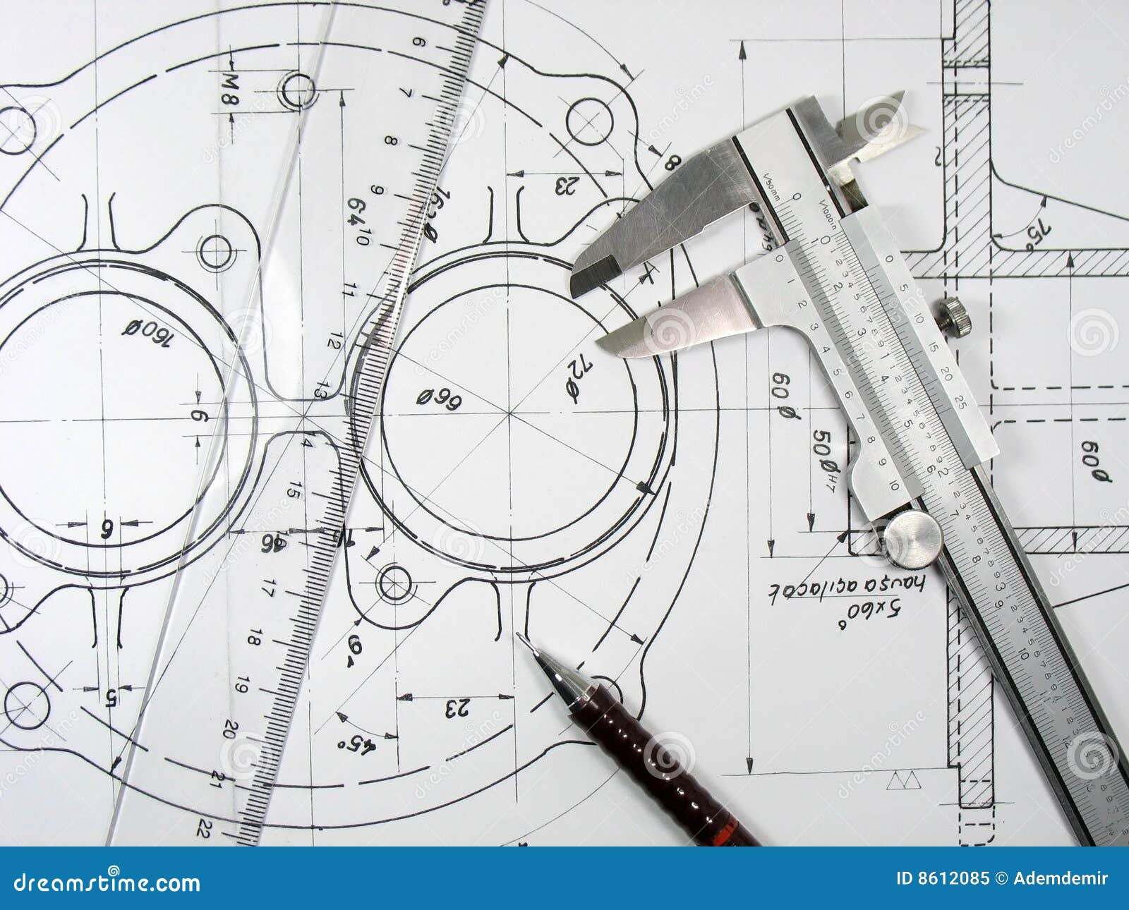 Caliper Ruler And Pencil On Technical Drawings. Stock 