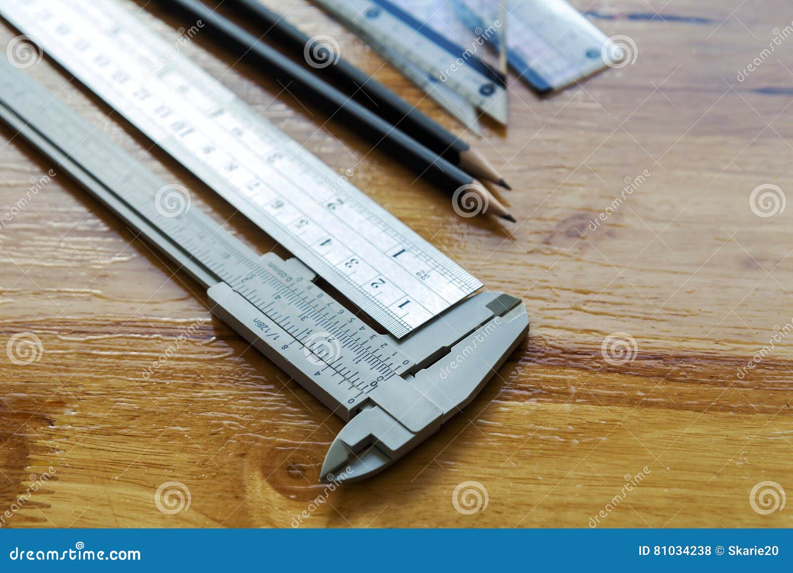 Caliper, ruler and pencil stock photo. Image of development 81034238