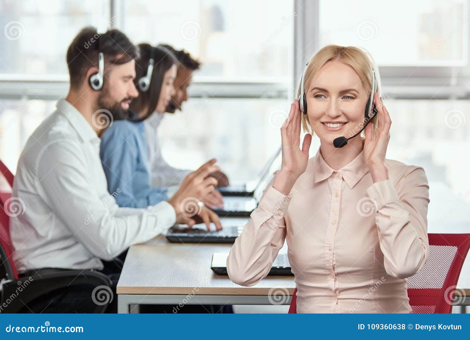 Call Center Service Operator Listening To Headset Stock Photo Image