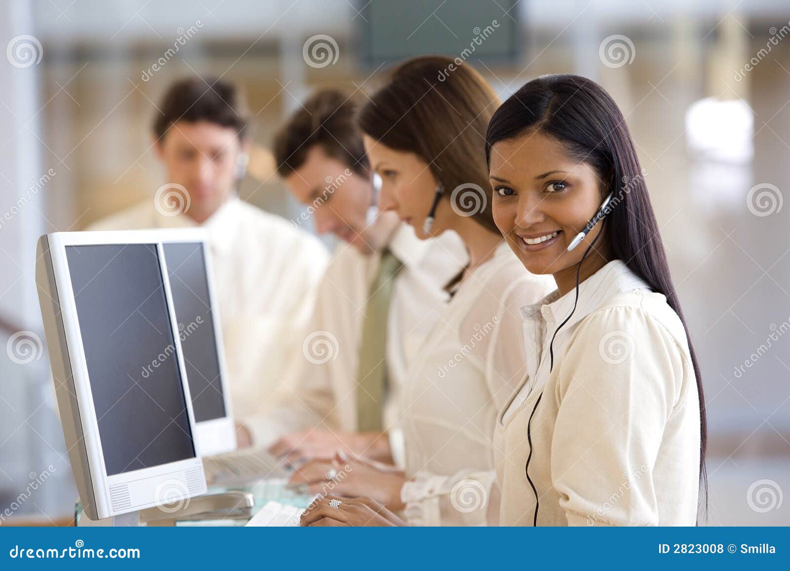 call center with smiling woman