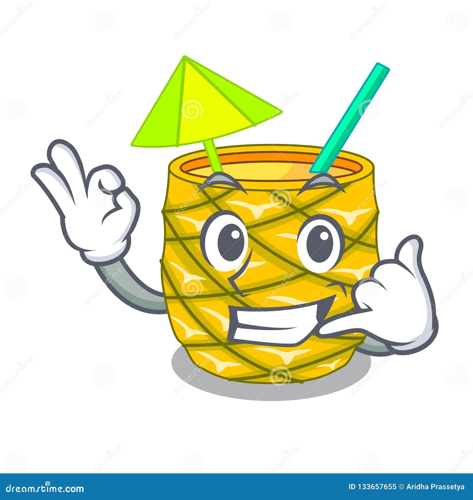 Call Me Bottles Pineapple Juice on Cartoon Table Stock Vector