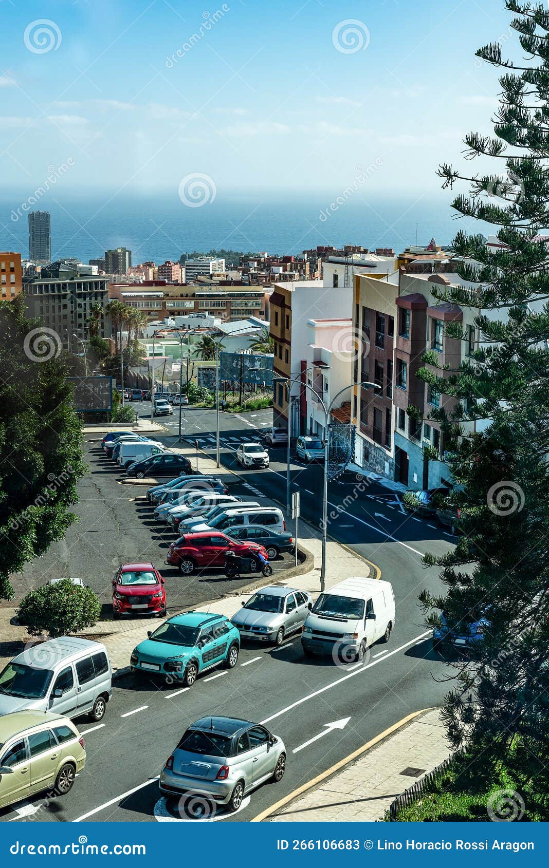 calle de ciudad cerca del mar con automoviles circulando en santa cruz de tenerife. islas canarias