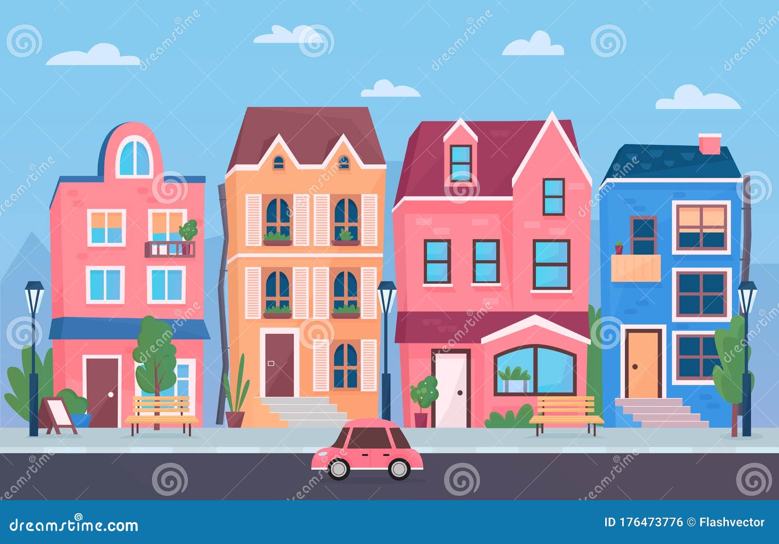 Calle De Pueblo Pequeño Y Soleado. Ilustración Vectorial De Edificios De Ciudades Divertidos De Dibujos Animados. Ilustración del Vector - Ilustración de colorido, residencial: 176473776 Calle De Pueblo Pequeño Y Soleado. Ilustración Vectorial De Edificios De Ciudades Divertidos De Dibujos Animados. Ilustración del Vector - Ilustración de colorido, residencial: 176473776