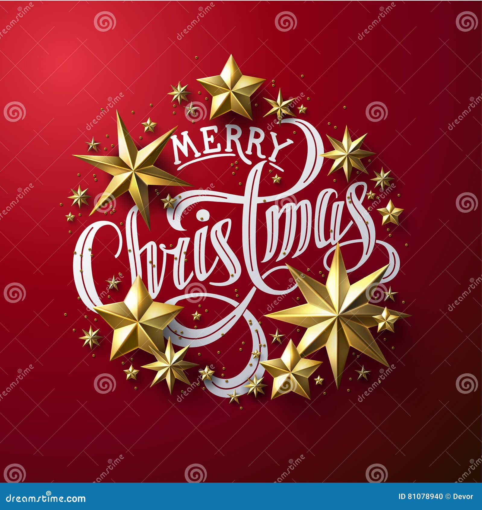 calligraphic `merry christmas` lettering decorated with gold stars.