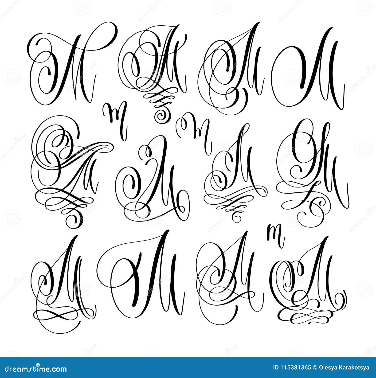 Calligraphy Lettering Script Font M Set, Hand Written Stock Vector ...