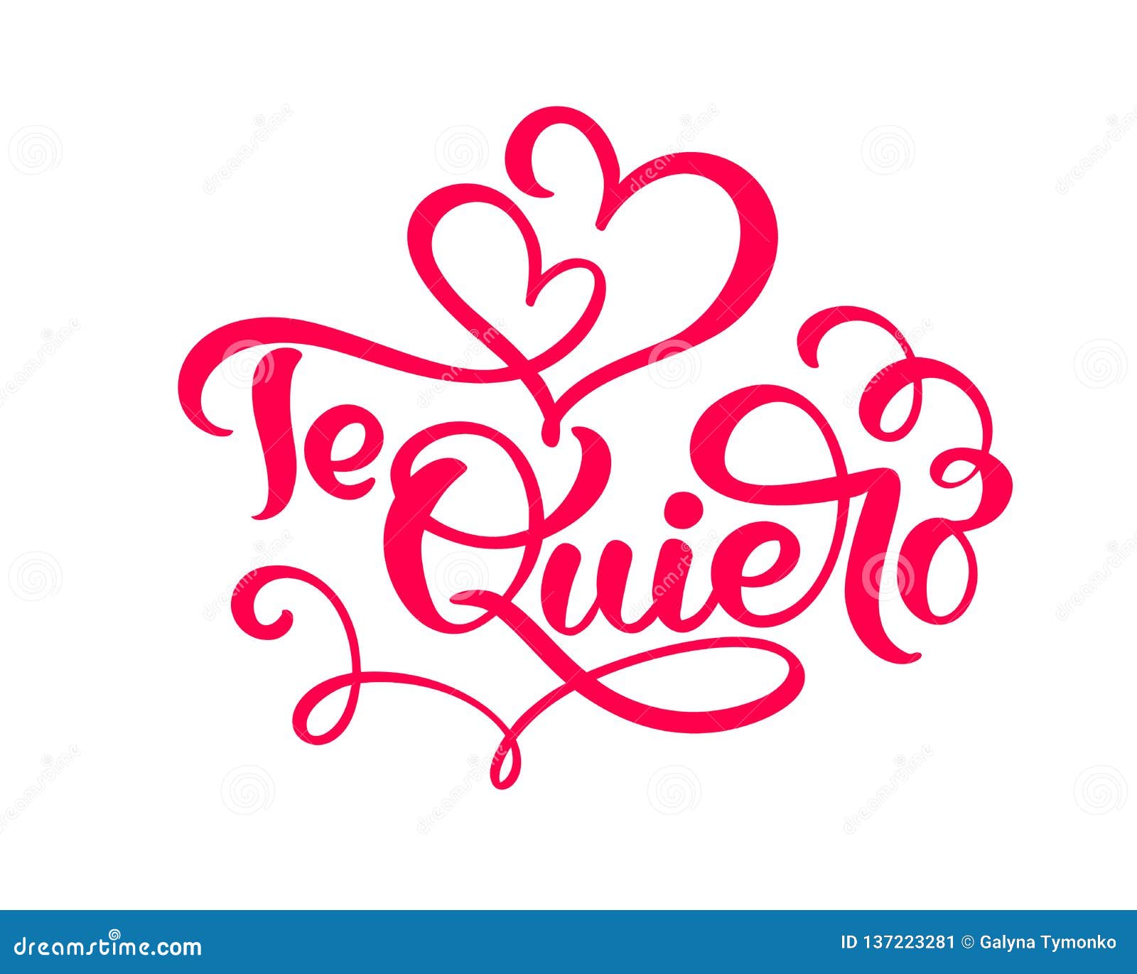 calligraphy red phrase te quiero on spanish - i love you.  valentines day hand drawn lettering. heart holiday sketch doodle
