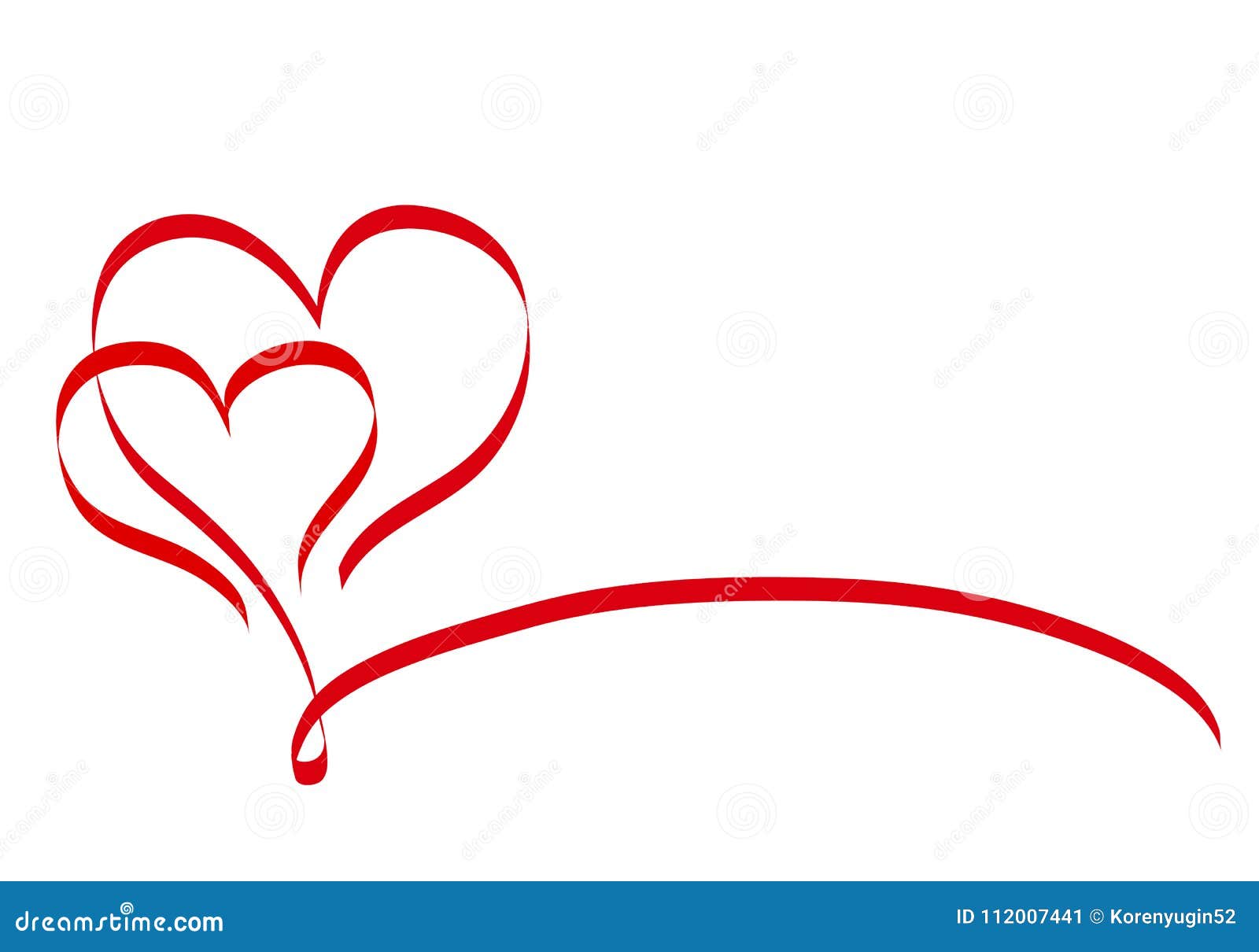 Calligraphy Two Red Heart Ribbon on White, Vector Stock Illustration