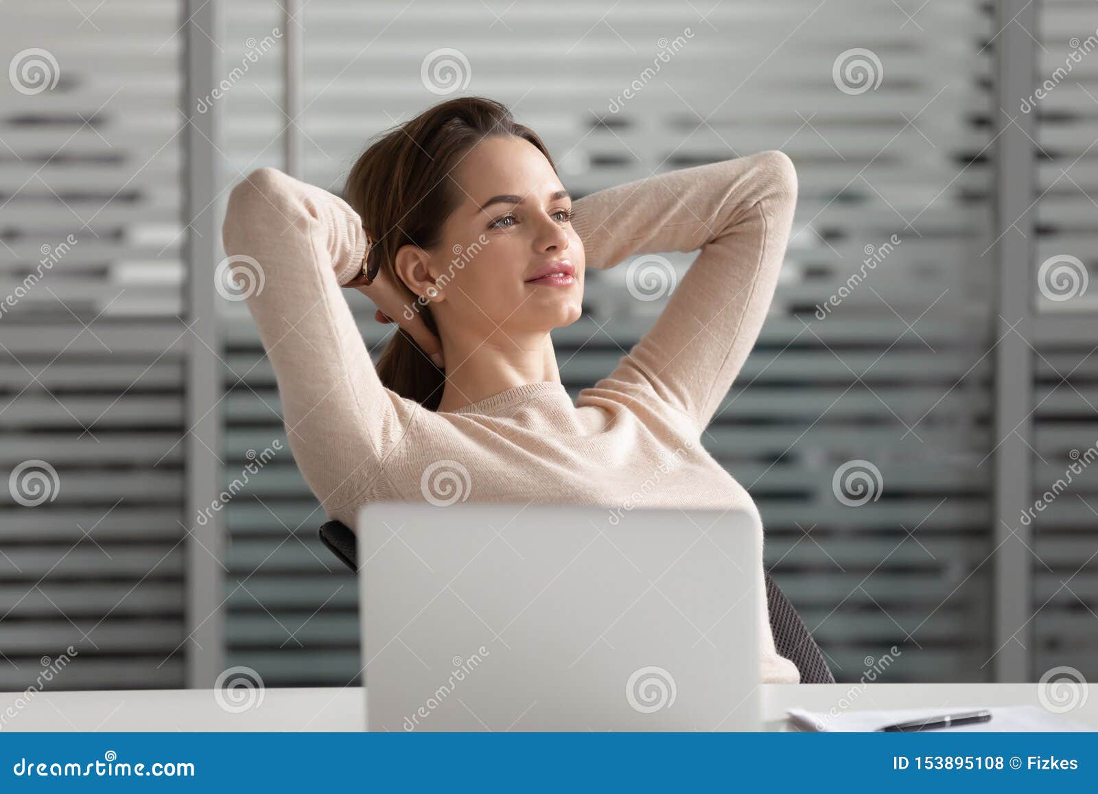 Calm Dreamy Businesswoman Take Break Finished Work Sit At Desk