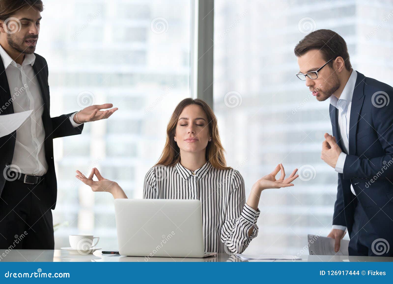 calm female managing stress at workplace not involved in fights