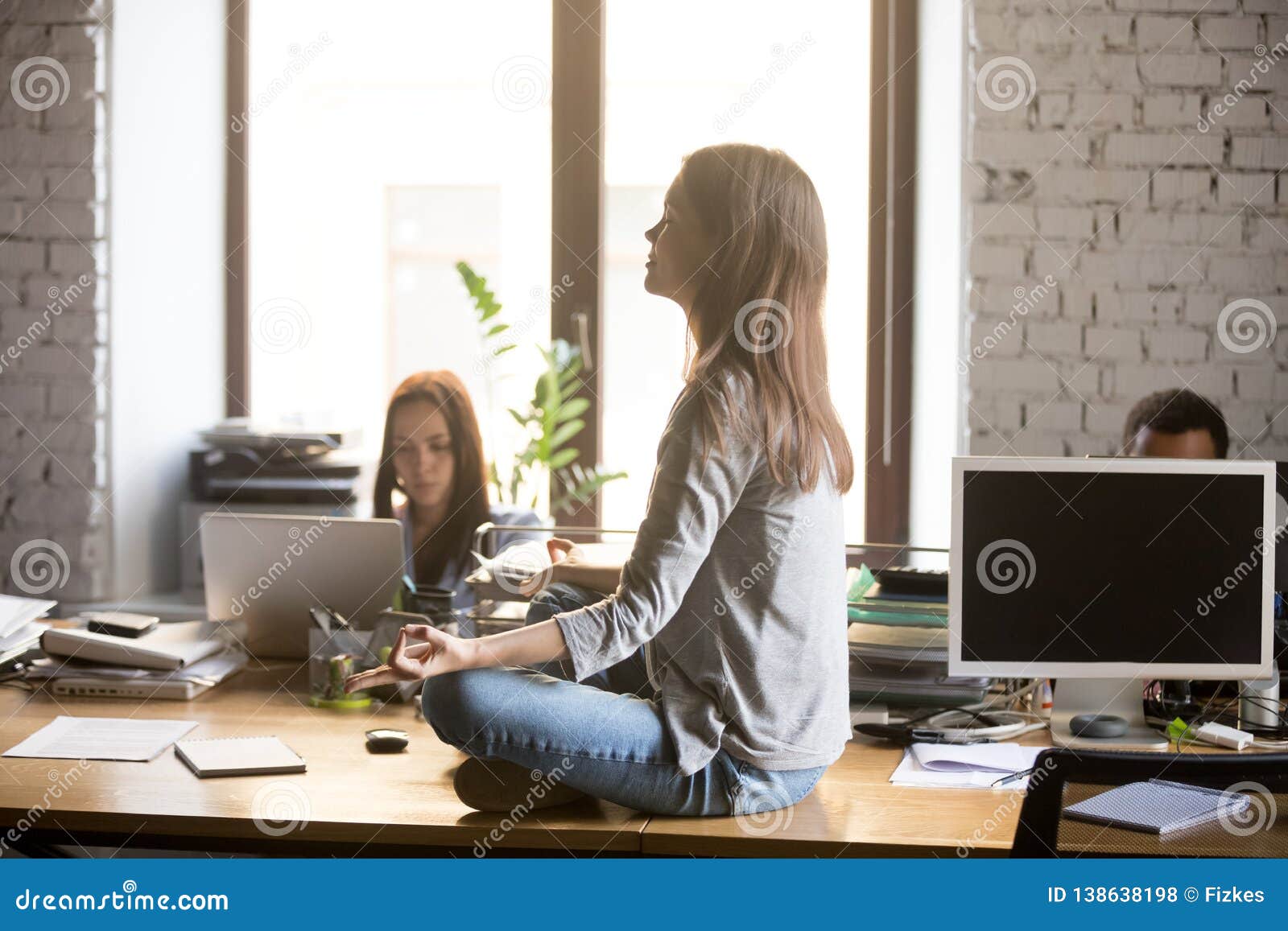 Calm Female Worker Meditating On Office Desk Stock Photo Image