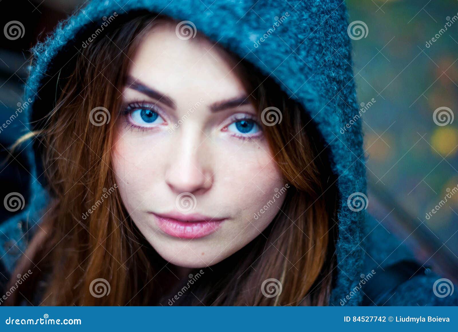 Calm Girl with Blue Eyes in the Hood. Stock Photo - Image of quiet ...