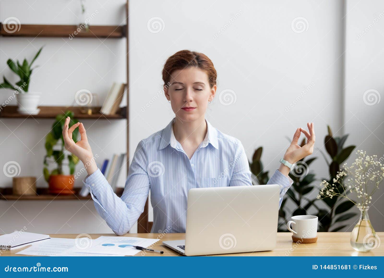 Calm Healthy Business Woman Meditate Relaxing At Office Desk Stock