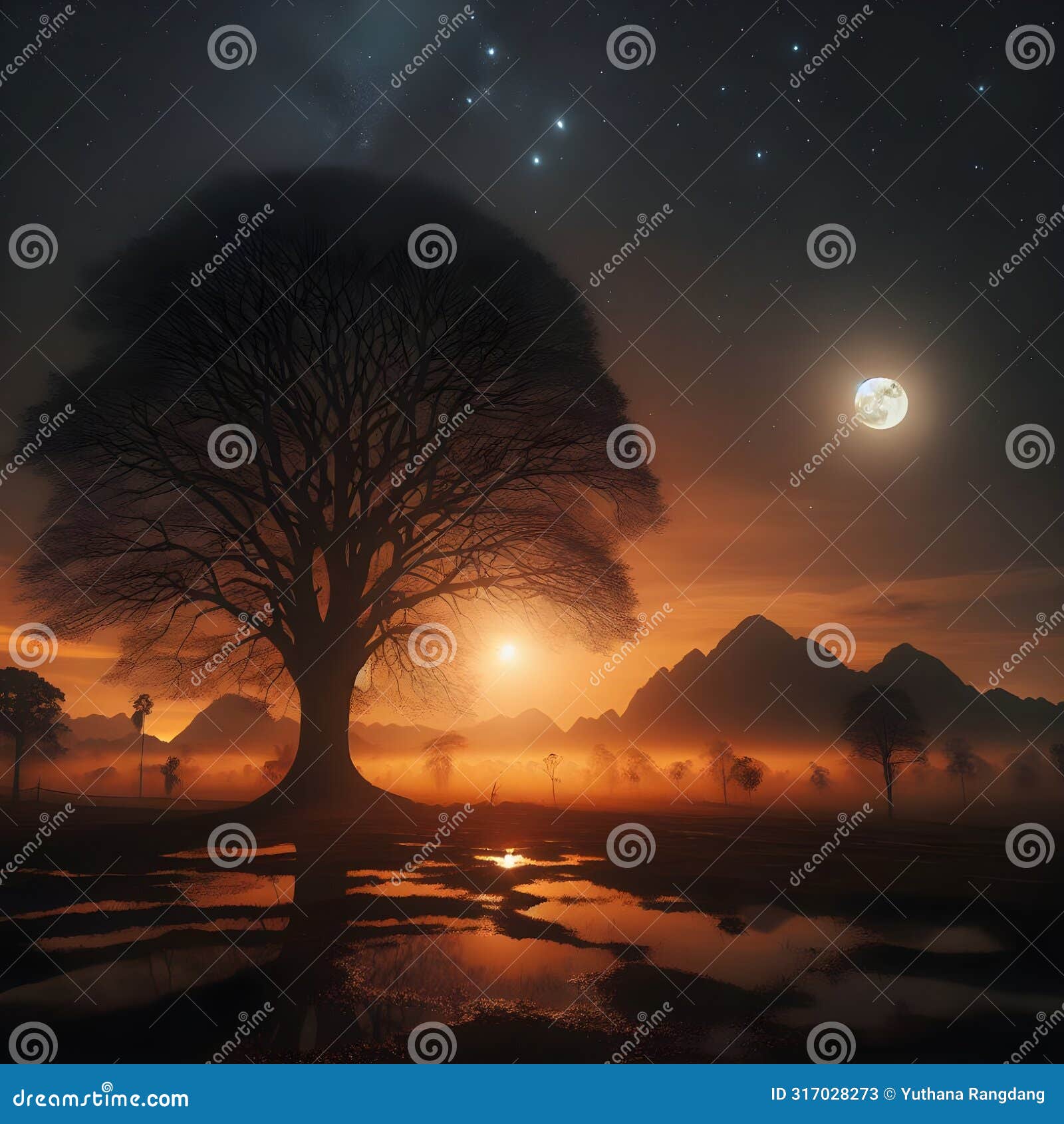 calm and mysterious night view with large trees.