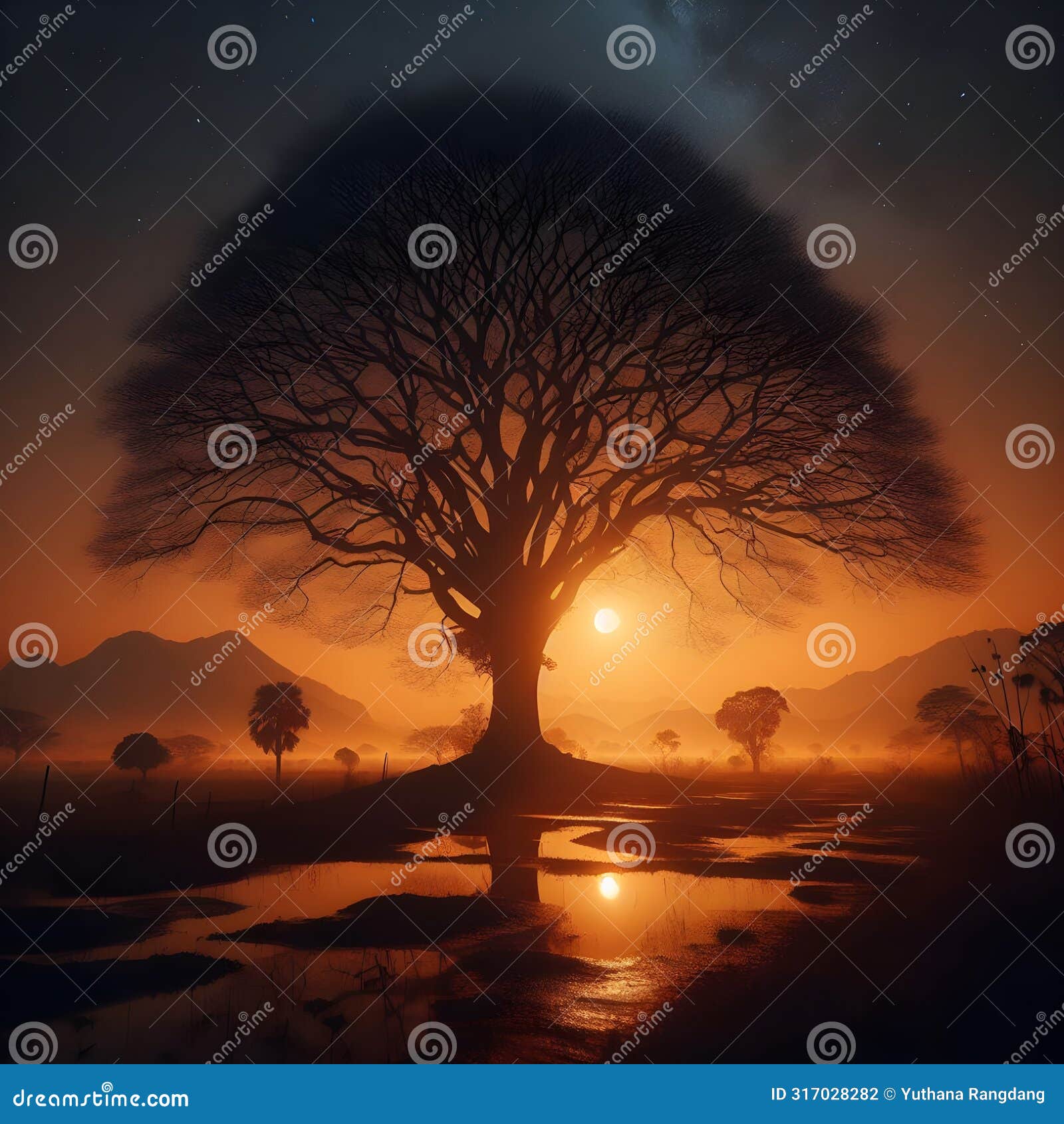 calm and mysterious night view with large trees.