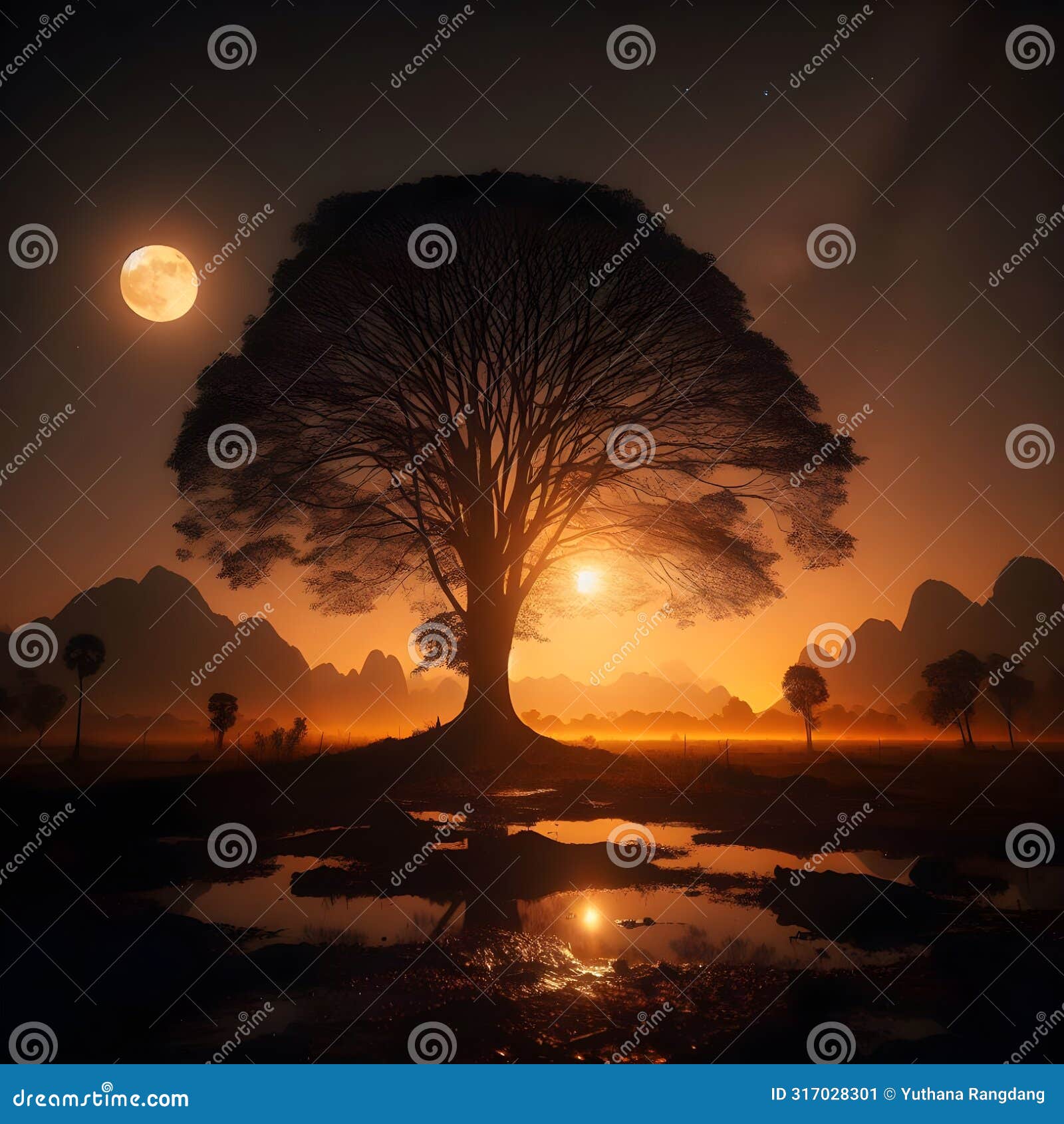 calm and mysterious night view with large trees.